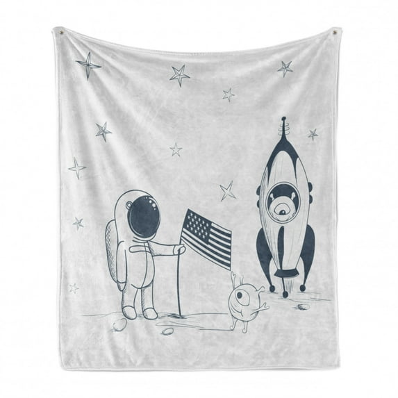 Astronaut Soft Flannel Fleece Throw Blanket, Cosmonaut with Aliens on New Planet Planting United States Flag Graphic, Cozy Plush for Indoor and Outdoor Use, 50" x 60", Blue Grey Coconut, by Ambesonne