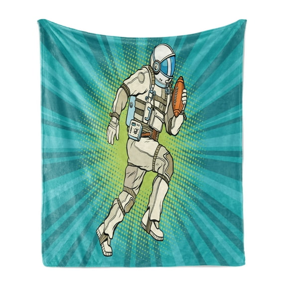 Astronaut Soft Flannel Fleece Throw Blanket, Cosmonaut Athlete Playing American Football Sports Hobby in Space Pop Art, Cozy Plush for Indoor and Outdoor Use, 50" x 60", Teal Multicolor, by Ambesonne