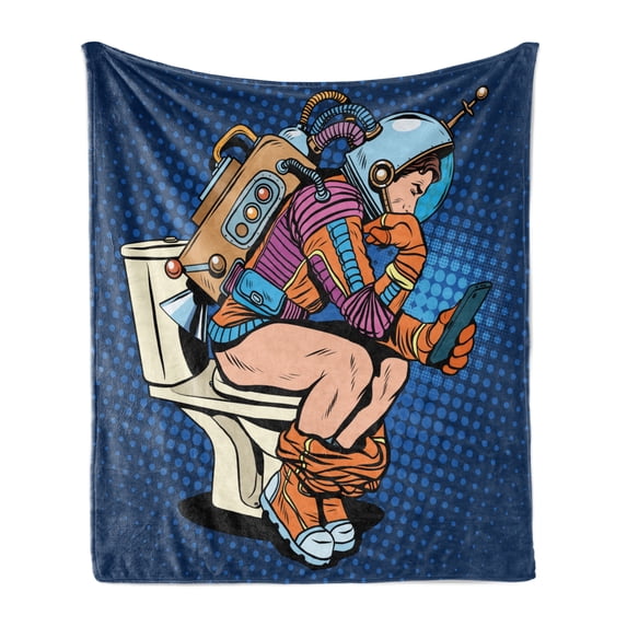 Astronaut Soft Flannel Fleece Throw Blanket, Futuristic Thinking Man Smartphone on Toilet Wasting Time Playing, Cozy Plush for Indoor and Outdoor Use, 50" x 60", Dark Blue Multicolor, by Ambesonne