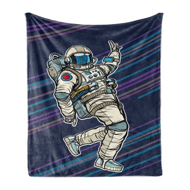 Astronaut Soft Flannel Fleece Throw Blanket, Having Fun Dancing Retro Comic Design Cartoon Character, Cozy Plush for Indoor and Outdoor Use, 50" x 70", Multicolor, by Ambesonne