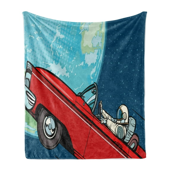 Astronaut Soft Flannel Fleece Throw Blanket, Human in Outer Space Driving a Classic Car near Planet Earth, Cozy Plush for Indoor and Outdoor Use, 50" x 60", Dark Sky Blue Multicolor, by Ambesonne