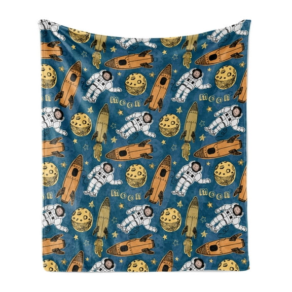 Astronaut Soft Flannel Fleece Throw Blanket, Outer Space Rockets Stars Planets Moon Landing Waving Galaxy Print, Cozy Plush for Indoor and Outdoor Use, 50" x 60", Dark Sky Blue Apricot, by Ambesonne