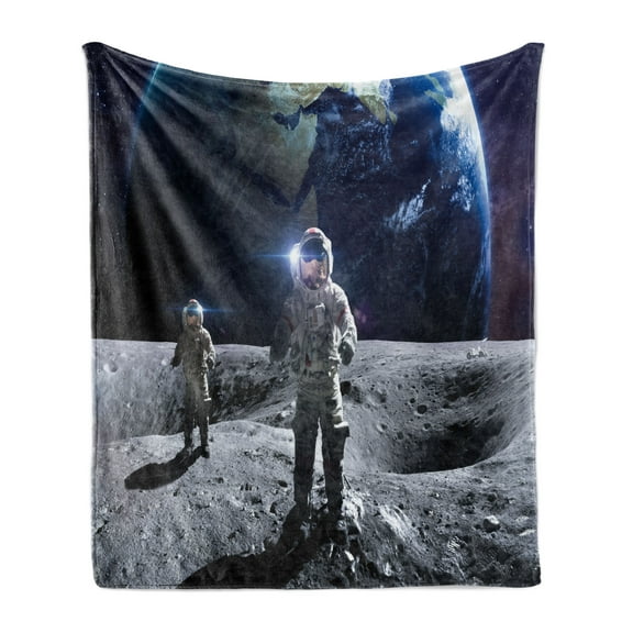 Astronaut Soft Flannel Fleece Throw Blanket, Picturesque of 2 Humans on the Moon Spacewalk Brave Discoveries, Cozy Plush for Indoor and Outdoor Use, 50" x 60", Purpleblue Multicolor, by Ambesonne