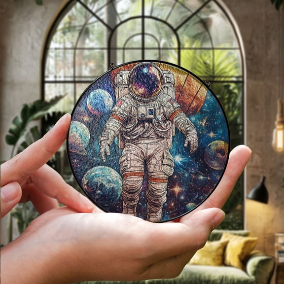 Astronaut in Space 2D Flat Stained Glass Window Hanging - Cosmic Exploration Sun Catcher - Vibrant Galaxy and Planets Decor for Home, Car, or Office - Perfect Gift for Space Enthusiasts