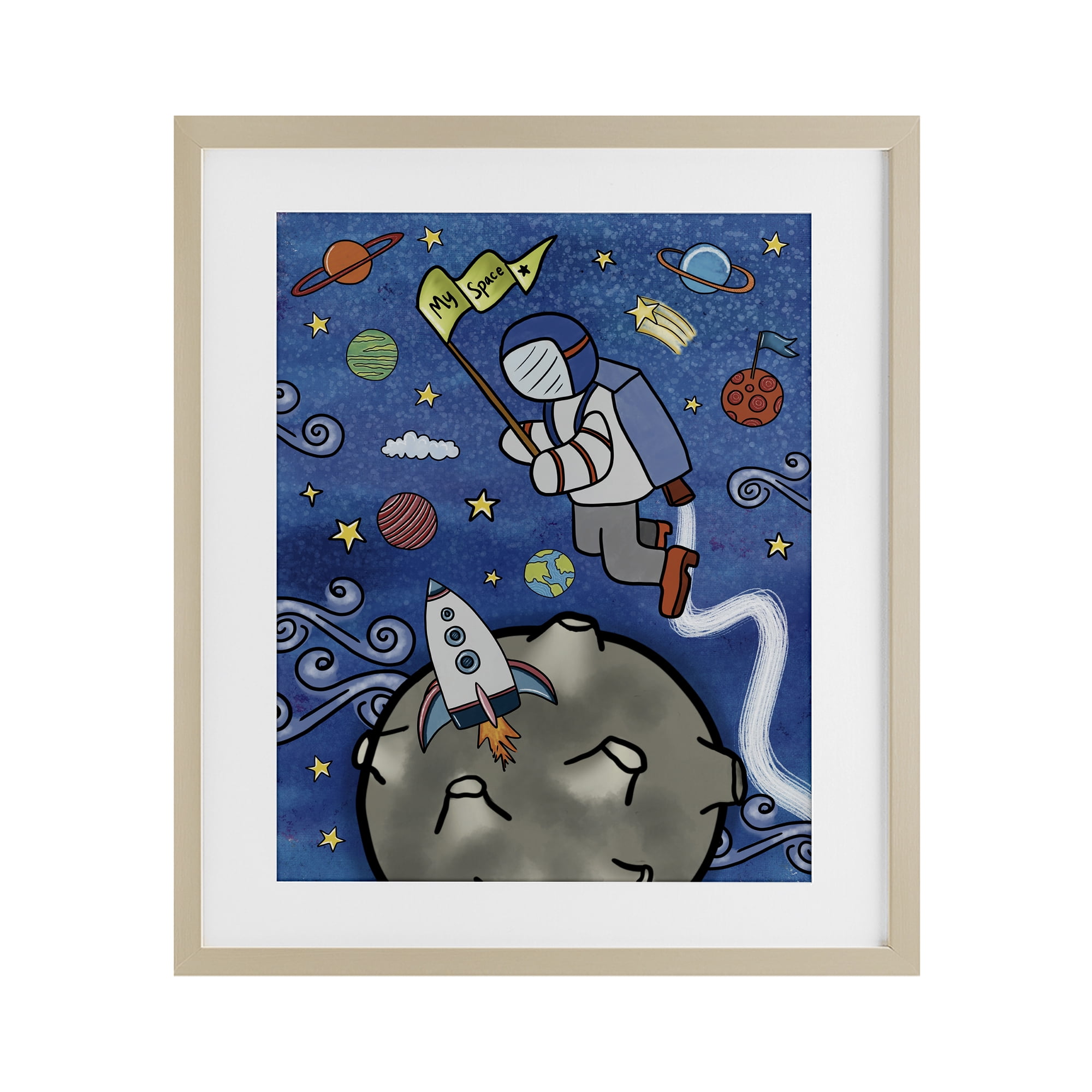 Astronaut Space Adventure Birch Framed Print Under Glass, design by Jennifer Stith