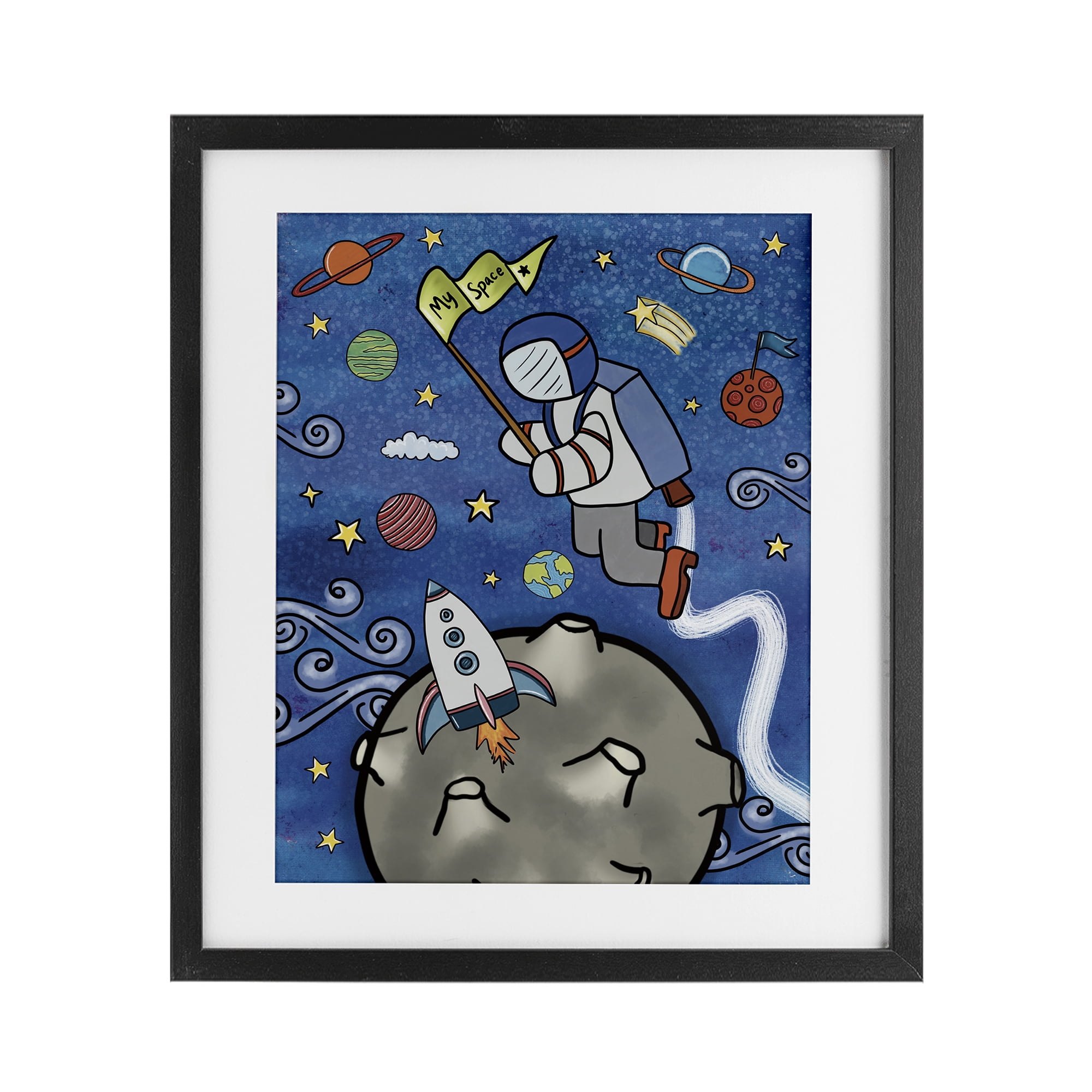 Astronaut Space Adventure Black Framed Print Under Glass, design by Jennifer Stith