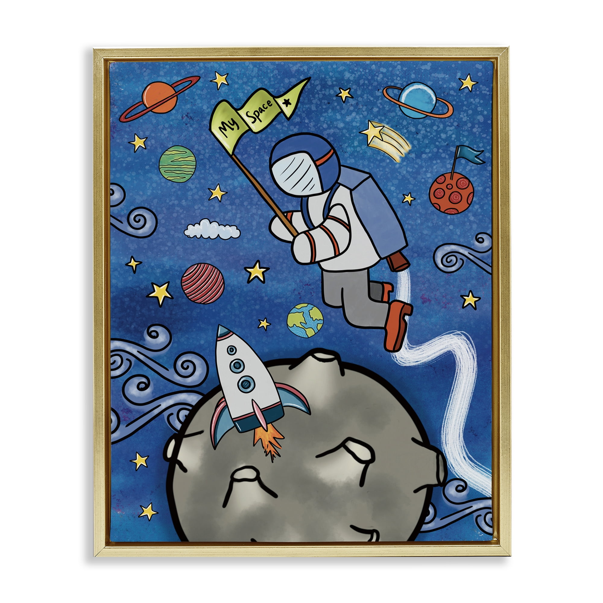 Astronaut Space Adventure Gold Framed Floater Canvas Wall Art, design by Jennifer Stith