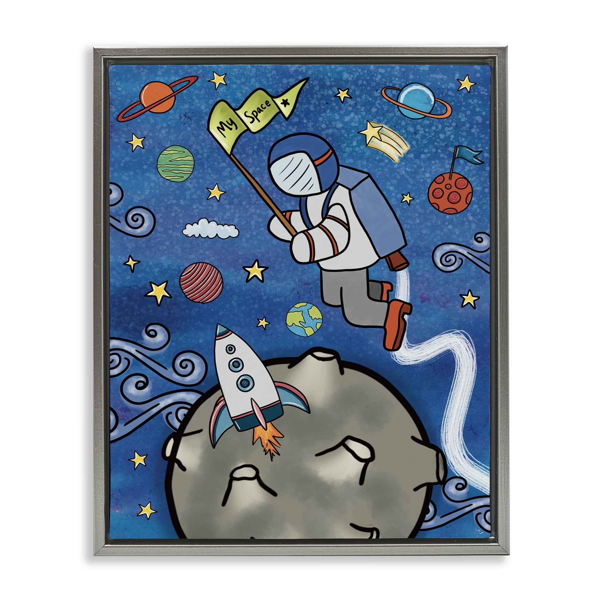 Astronaut Space Adventure Gray Framed Floater Canvas Wall Art, design by Jennifer Stith