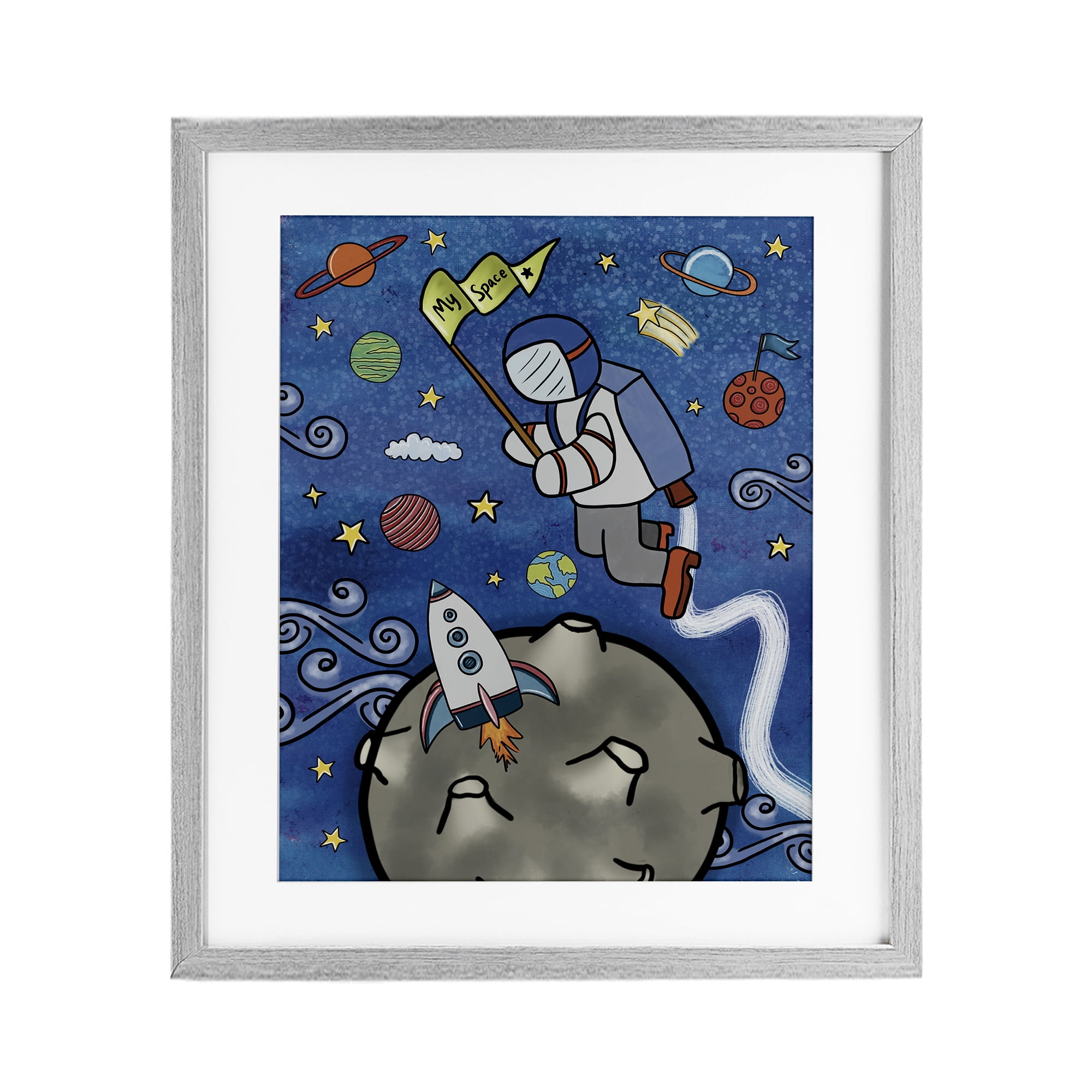 Astronaut Space Adventure Gray Framed Print Under Glass, design by Jennifer Stith