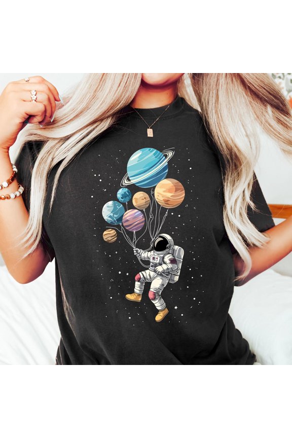 Astronaut Space Adventure Shirt Cosmic Balloon Planets Tee Science Graphic Top Fiction Fan