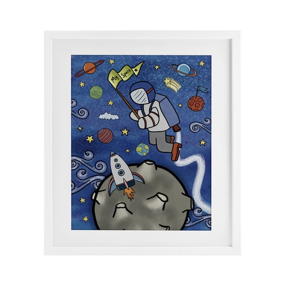 Astronaut Space Adventure White Framed Print Under Glass, design by Jennifer Stith