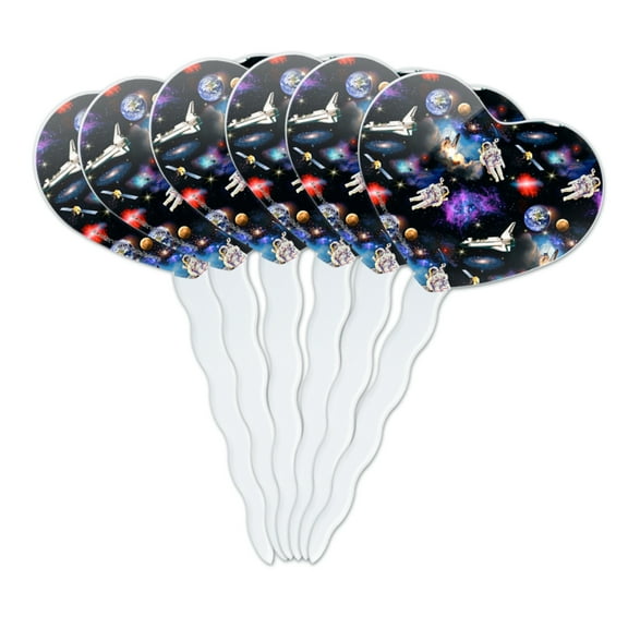 Astronaut Space Earth Moon Solar System Pattern Heart Love Cupcake Picks Toppers Decoration Set of 6