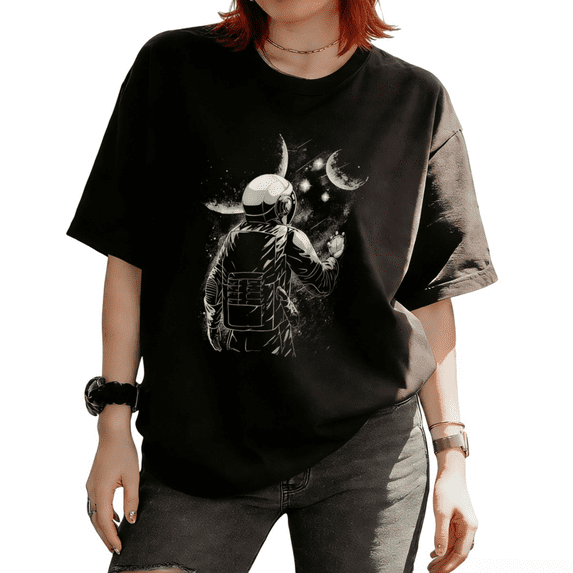 Astronaut Space Graphic Commuting Tees T-shirt Retro Moon Star Galaxy Tops Short Sleeve Round Neck Black S-5XL