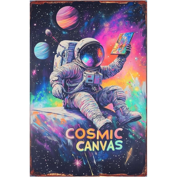 Astronaut Space Metal Tin Sign Outer Space Universe Wall Art Poster Cosmic Planet Decor Plaque for Bedroom Game Room 8x12 Inch