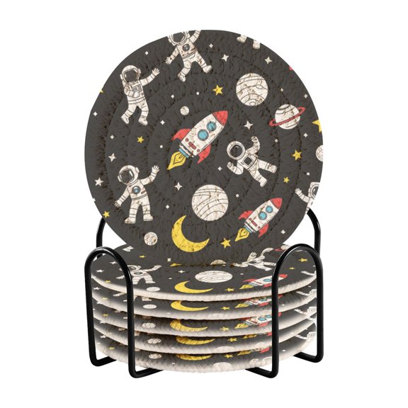 Astronaut Space Pattern Bar Coasters 6 Pack Braided Coasters with Holder Absorbent Heat Resistant
