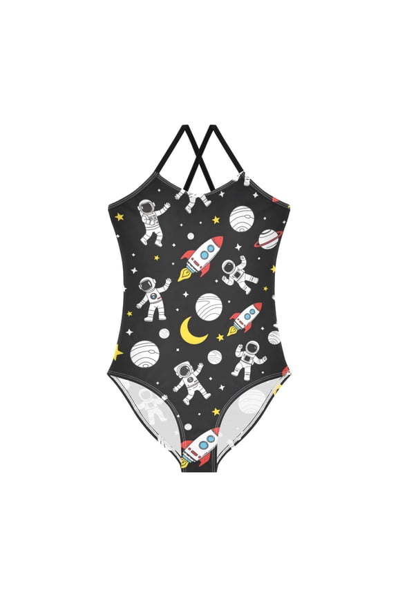 Astronaut Space Pattern Girls' One-Piece Swimwear 3T-10T Soft Stretchy for Beach Pool Water Park