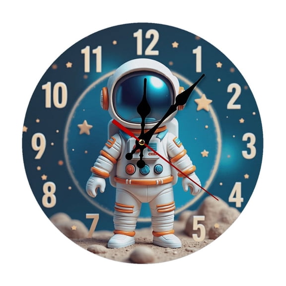 Astronaut Space Stars Wall Clock 10 Inch Silent Non Ticking Round Wooden Clock Decoration for Living Room Kitchen Bedroom Bathroom Office Classroom
