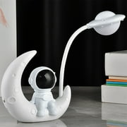 Astronaut Spaceman LED Night Light Table Lamp for Kids Bedroom, USB Rechargeable Wireless Bedside Lamp with Gooseneck, Eye-Caring Gift for Boys