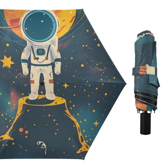 Astronaut Standing on The Volcano All Weather Umbrella Triple Folding Parasol 6 Ribs UV Protection Portable
