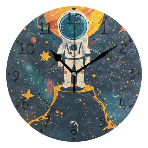 Astronaut Standing on The Volcano Round Wall Clock Silent Analog Battery Operated Black Pointer Home Decor 9.84" Diameter