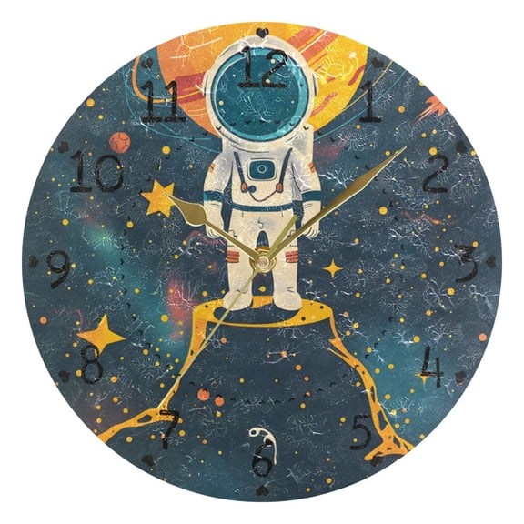 Astronaut Standing on The Volcano Round Wall Clock Silent Analog Battery Operated Gold Pointer Home Decor 9.84" Diameter