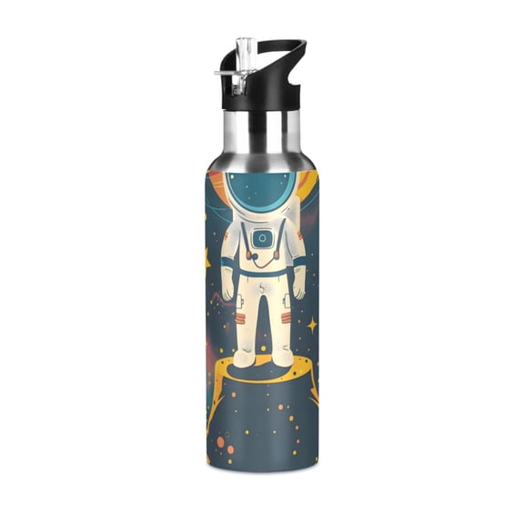 Astronaut Standing on The Volcano Sports Bottle with Straw Stainless Steel Water Jug Portable Thermal Cup Leak-proof 600ML