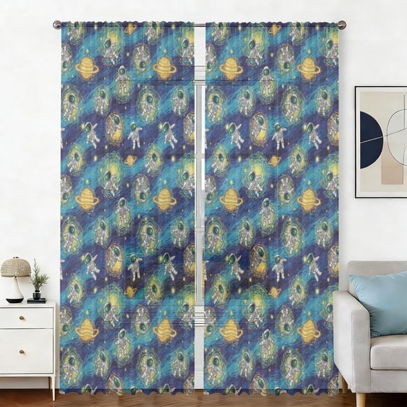 Astronaut and Starry Sky Blue Pattern Sheer Curtains, Sheer Curtain ...