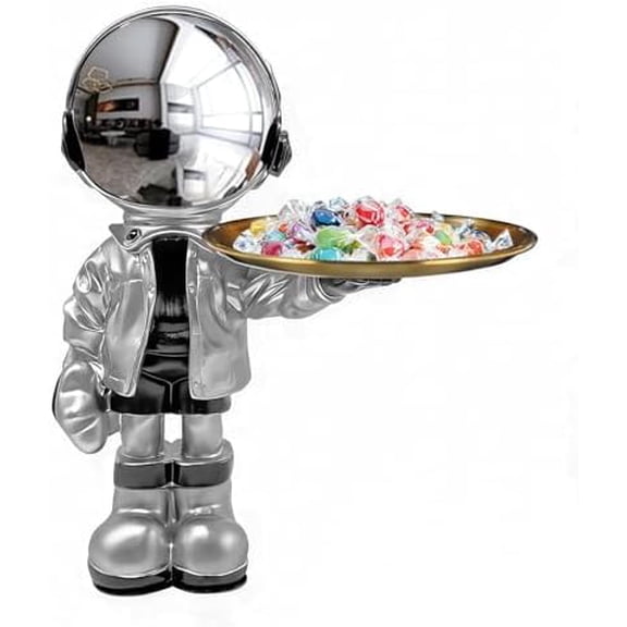 Astronaut Statues with Candy Dish & Key Dish,Spaceman Sculpture Polyresin Arts Gifts,Figurine Ornament Room Decor for Men,Tabletop Decoration for Living Room, Office, Entryway(Silver)