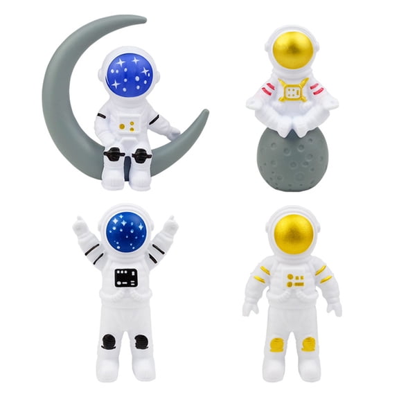 Astronaut Statues Set of 4, Spaceman Figurines with Moon Design, Space Theme Decor for Shelf Desk Tabletop, Modern Astronaut Sculpture Set for Home Office Living Room Cake Decor