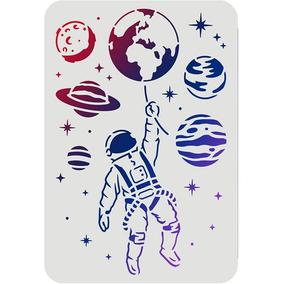 Astronaut Stencil 11.7x8.3 Inch Plastic Outer Space Theme Drawing Painting Set - Planet Earth Star Pattern Wall Stencil Reusable for DIY Wood Floor Wall and Tile