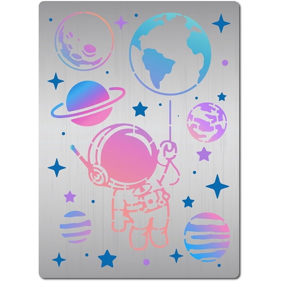 Astronaut Stencils Outer Space Theme Metal Drawing Painting Stencil Planet Earth Star Stainless Steel Template for Painting on Wood Floor Wall Tile Scrapbooking DIY Crafts 7.5x5.5inch