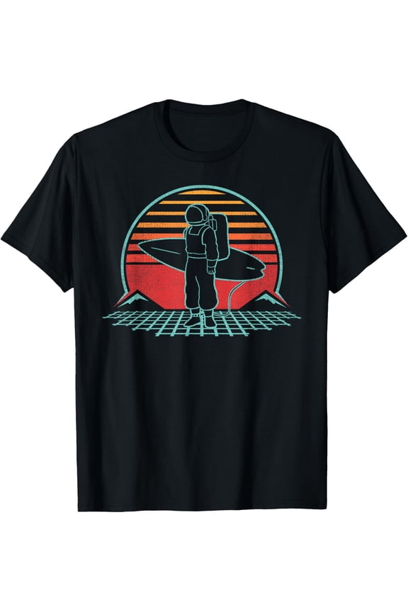 Astronaut Surfer Beach Sunset Retro Vintage Spaceman Surfing T-Shirtmen and women can wear, black, white, gifts.S,M,L,XL,2XL,3XL,215XL