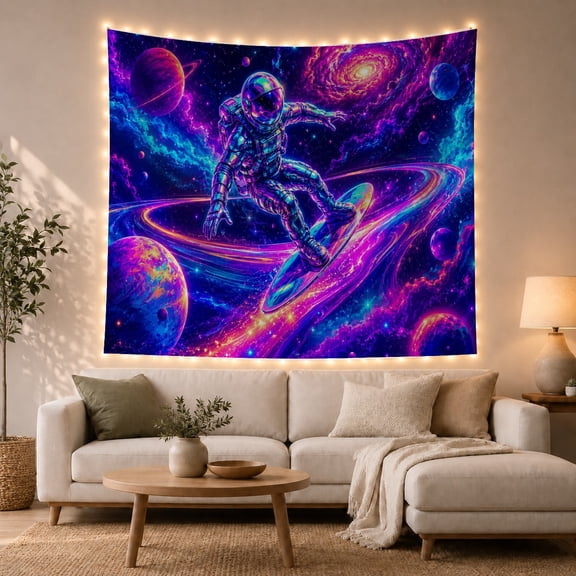 Astronaut Surfing Cosmic Nebula Galaxy Against Stars Energetic Psychedelic for Space Enthusiasts Outer Space Art Decor Holiday Gift Tapestry Wall Hanging for Gaming Room and Dorm