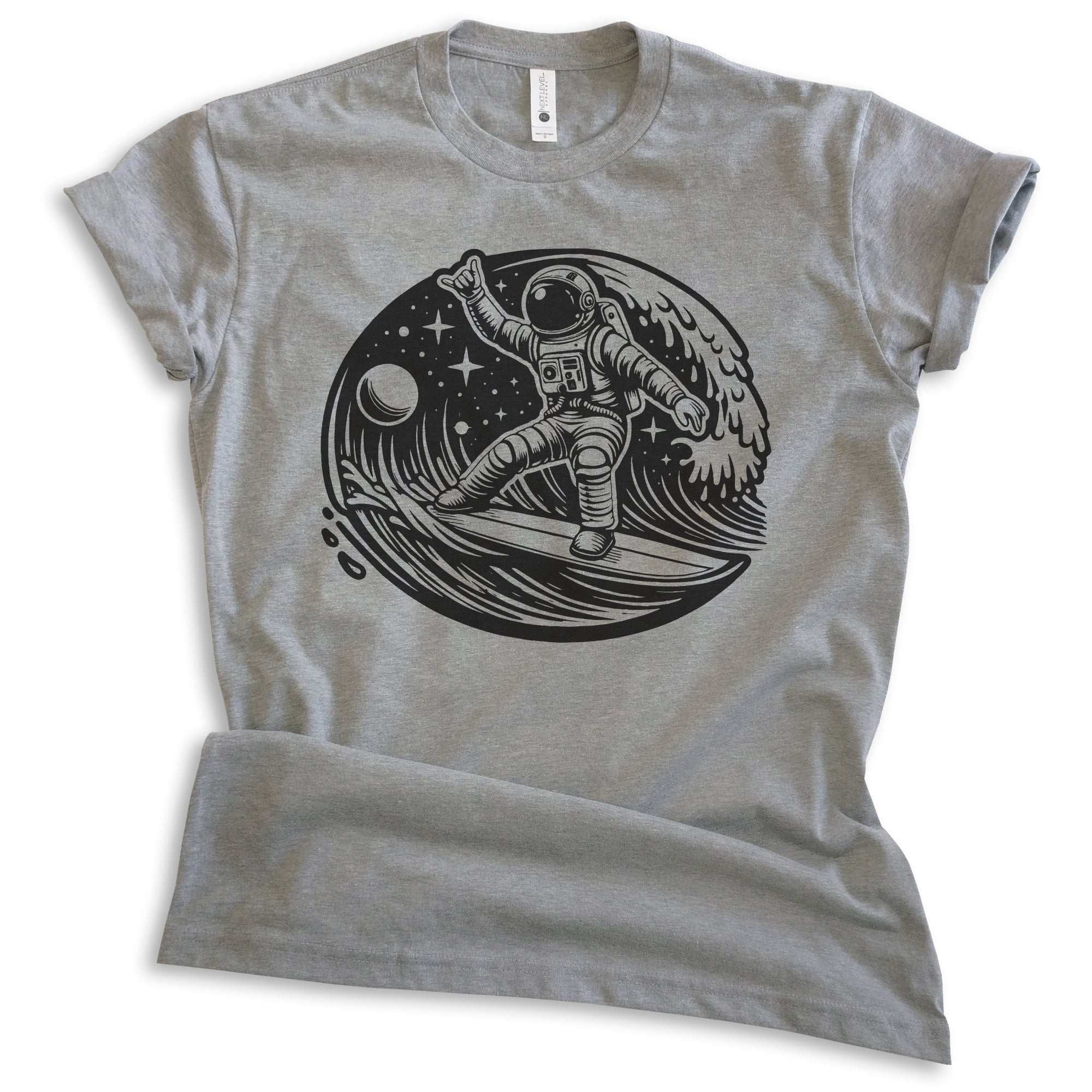 Astronaut Surfing T-shirt, Unisex Women's Men's Shirt, Astronaut Outer Space Surfer Cosmic, Dark Heather Gray, Small