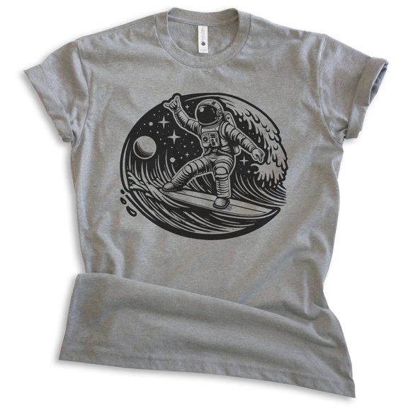 Astronaut Surfing T-shirt, Unisex Women's Men's Shirt, Astronaut Outer Space Surfer Cosmic, Dark Heather Gray, X-Large