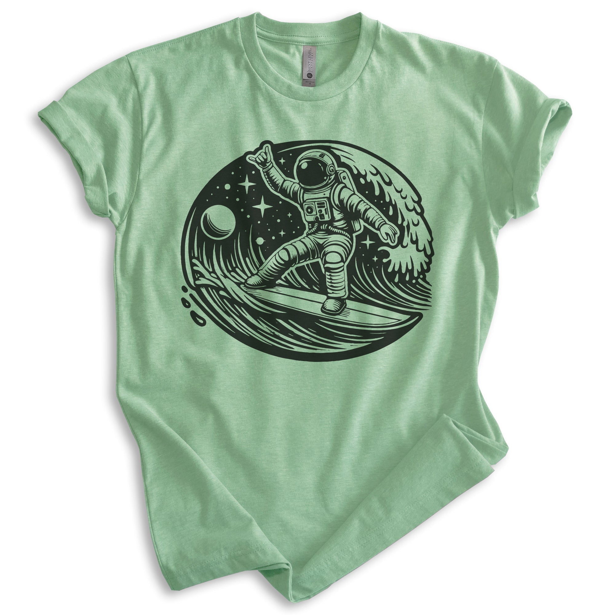 Astronaut Surfing T-shirt, Unisex Women's Men's Shirt, Astronaut Outer Space Surfer Cosmic, Heather Apple Green, Small