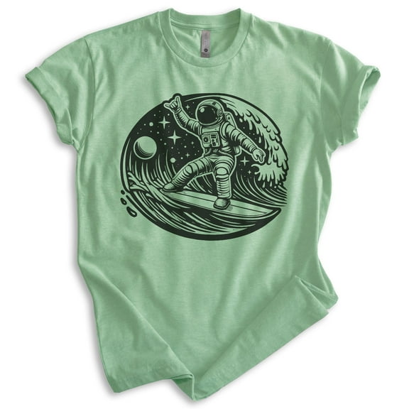 Astronaut Surfing T-shirt, Unisex Women's Men's Shirt, Astronaut Outer Space Surfer Cosmic, Heather Apple Green, Small