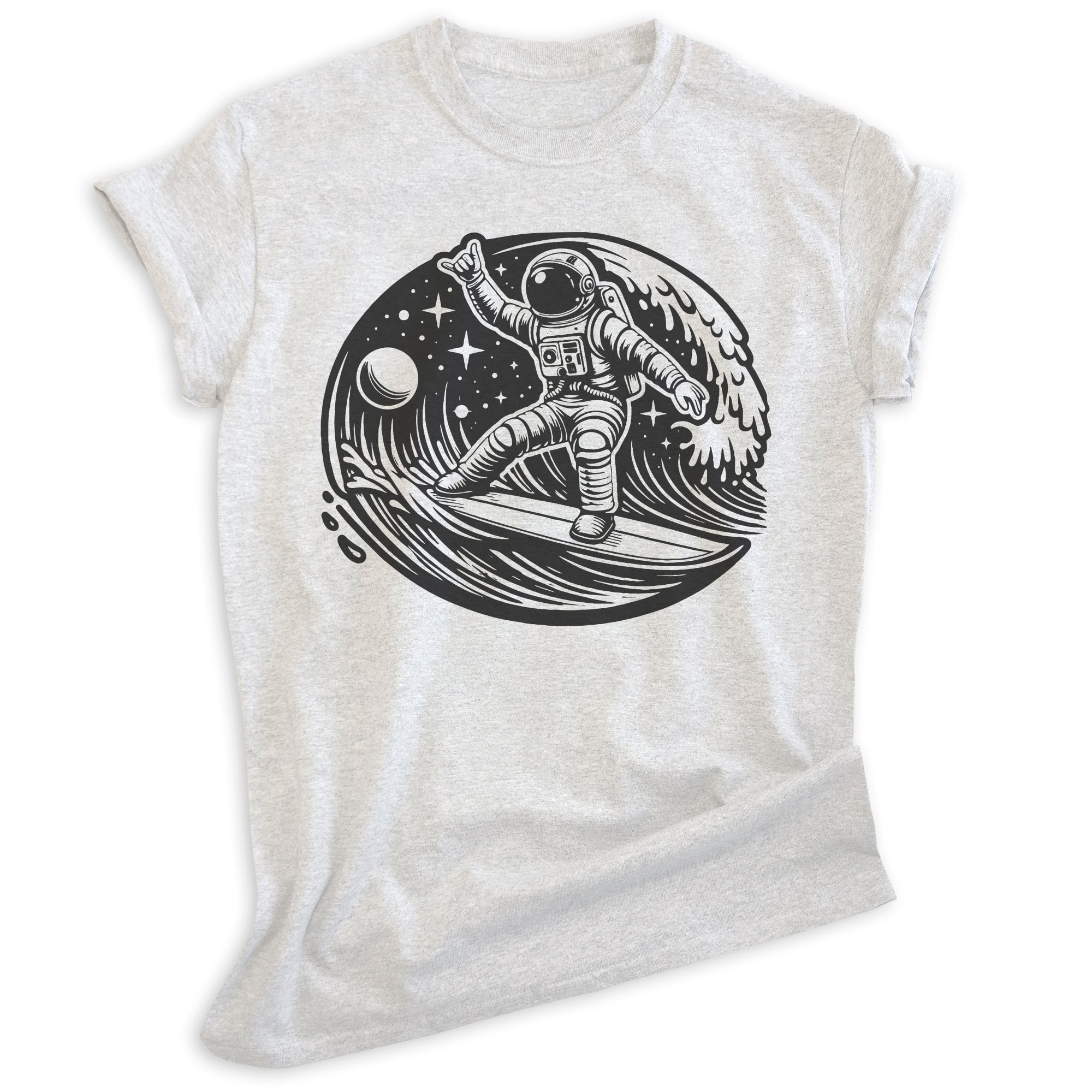 Astronaut Surfing T-shirt, Unisex Women's Men's Shirt, Astronaut Outer Space Surfer Cosmic, Heather Ash, 3X-Large