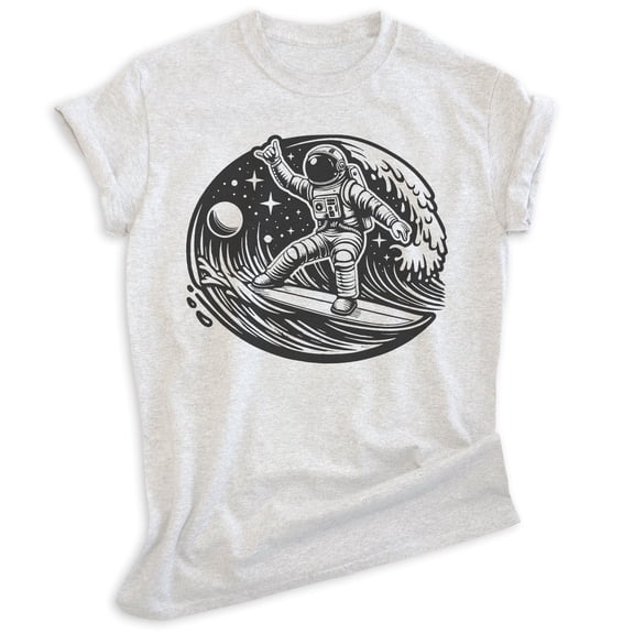 Astronaut Surfing T-shirt, Unisex Women's Men's Shirt, Astronaut Outer Space Surfer Cosmic, Heather Ash, X-Small
