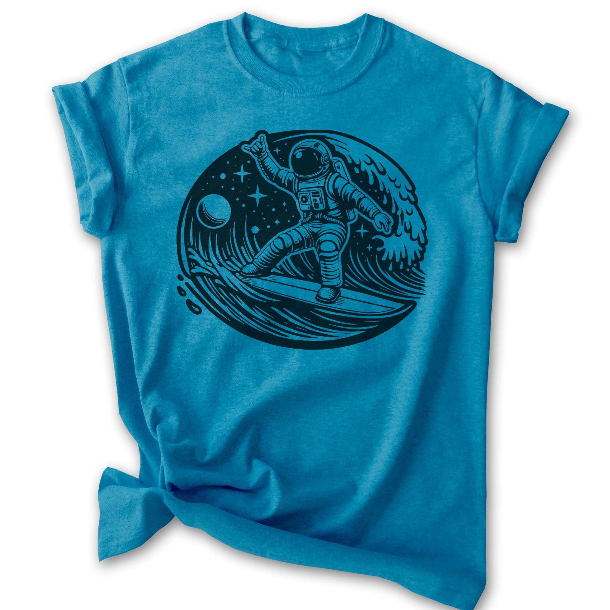 Astronaut Surfing T-shirt, Unisex Women's Men's Shirt, Astronaut Outer Space Surfer Cosmic, Heather Blue, Small