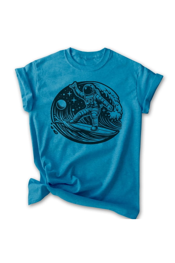 Astronaut Surfing T-shirt, Unisex Women's Men's Shirt, Astronaut Outer Space Surfer Cosmic, Heather Blue, Small