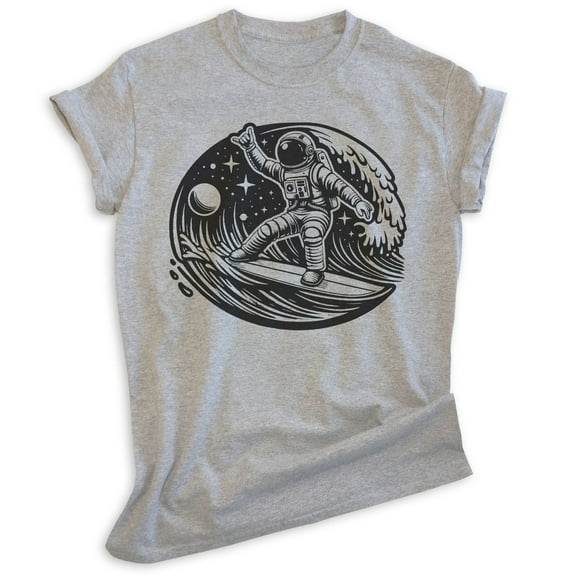 Astronaut Surfing T-shirt, Unisex Women's Men's Shirt, Astronaut Outer Space Surfer Cosmic, Heather Gray, X-Large