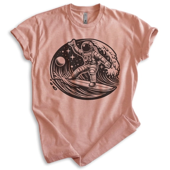 Astronaut Surfing T-shirt, Unisex Women's Men's Shirt, Astronaut Outer Space Surfer Cosmic, Heather Sunset, Medium