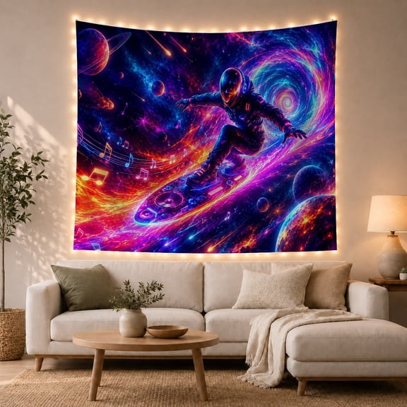 Astronaut Surfing in Vibrant Cosmic Nebula, Energetic Digital Art for Space Enthusiasts, Sci-Fi Fantasy Decor, Birthday Gift Tapestry Wall Hanging for Dorm and Gaming Room