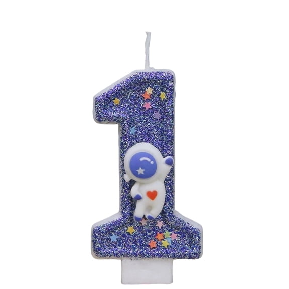 Astronaut Themed Birthday Number Candle - Glittery Blue Design with Cute Spaceman Accents, for Kids Astro Party, Cake Decoration, Birthday Celebrations