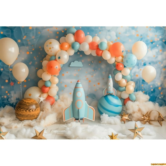 Astronaut Themed Birthday Party Photography Backdrop Colorful Balloons Blue Sky White Cloud Boys 1st Birthday r Background