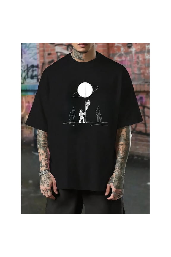Astronaut Themed Graphic Tee Shirt Cosmic Connection Space Tops Black Short Sleeve Crew Neck S-5XL
