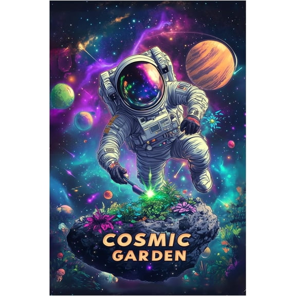 Astronaut Tin Sign, Outer Space Metal Wall Art, Universe Planet Poster, Cosmic Garden Flower Design Decor Plaque for Bedroom or Game Room, 8 x 12 Inches