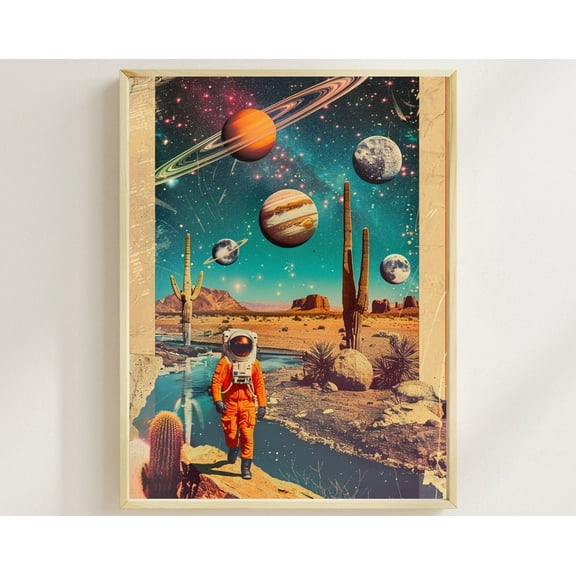 Astronaut Wall Art Futuristic Space Art Print Vintage Retro Space Poster Astronaut In Outer Space Polaroid Futurism Retro Scifi Desert Art, 24x36 UNFRAMED