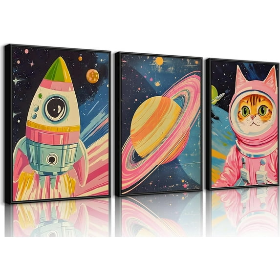 Astronaut Wall Art Space Adventure Posters Whimsical in Space Pictures Funny Cat Canvas Wall Decor Cute Pink Cat Prints Painting Colorful Kids and Nursery Art(Framed canvas)